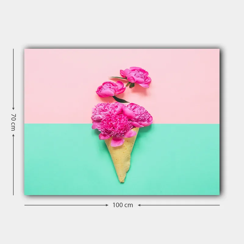 Lærred 70x100 cm - Isvaffel dekoreret med lyserøde blomster - Pink / Mintgrøn / Beige - Boligtilbehør - Billeder & kunst - Billeder på lærred