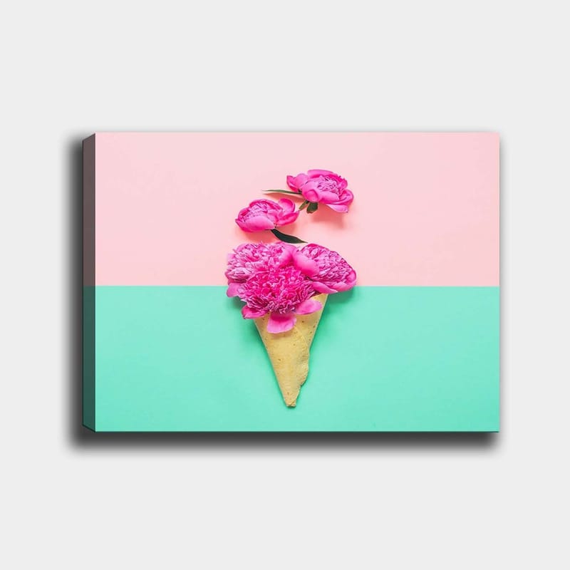 Lærred 70x100 cm - Isvaffel dekoreret med lyserøde blomster, Pink / Mintgrøn / Beige