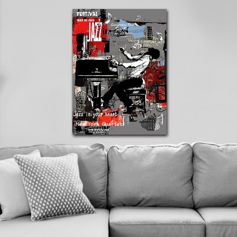 Lærred 70x100 cm - Jazzmusiker spiller klaver med stor passion og energi - Rød / Sort / Grå - Boligtilbehør - Billeder & kunst - Billeder på lærred