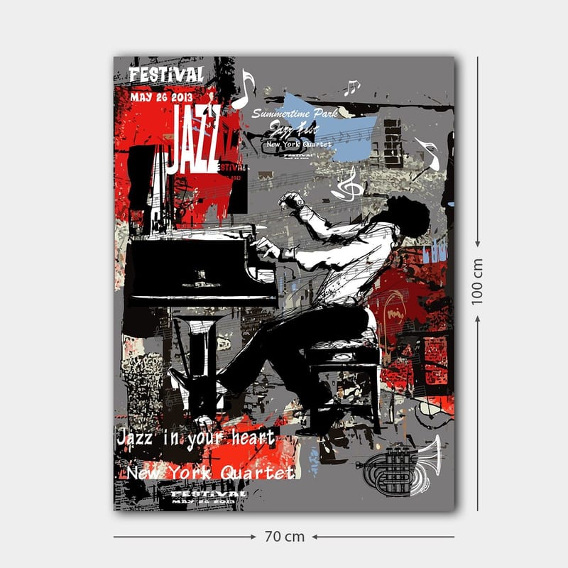 Lærred 70x100 cm - Jazzmusiker spiller klaver med stor passion og energi - Rød / Sort / Grå - Boligtilbehør - Billeder & kunst - Billeder på lærred