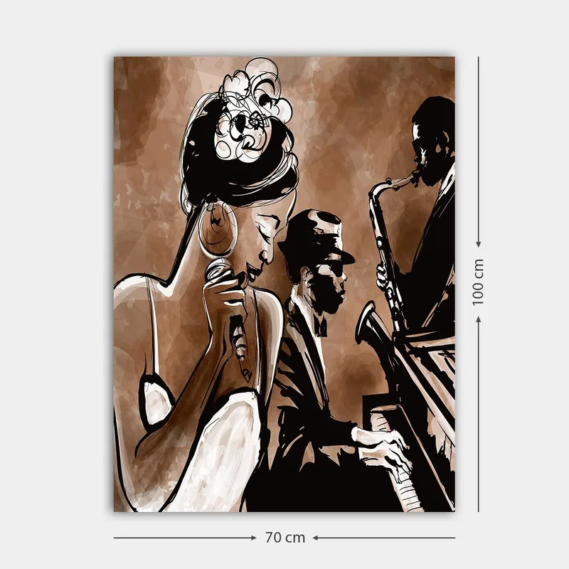 Lærred 70x100 cm - Jazzsanger fremfører en sang med musikere i baggrunden - Brun / Sort / Hvid - Boligtilbehør - Billeder & kunst - Billeder på lærred