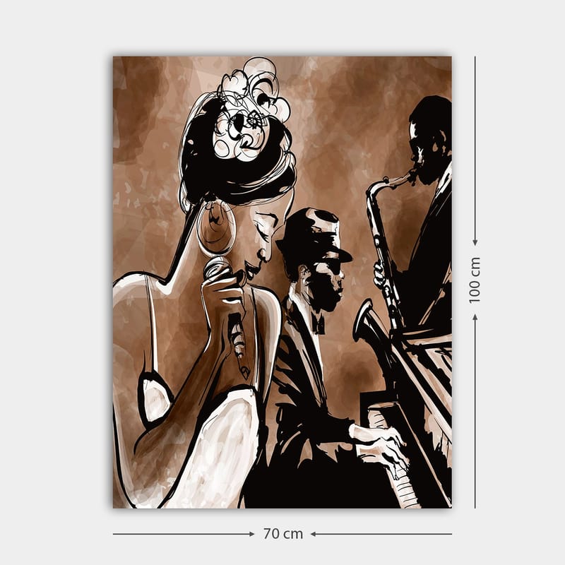 Lærred 70x100 cm - Jazzsanger fremfører en sang med musikere i baggrunden - Brun / Sort / Hvid - Boligtilbehør - Billeder & kunst - Billeder på lærred