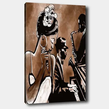 Lærred 70x100 cm - Jazzsanger fremfører en sang med musikere i baggrunden - Brun / Sort / Hvid - Boligtilbehør - Billeder & kunst - Billeder på lærred