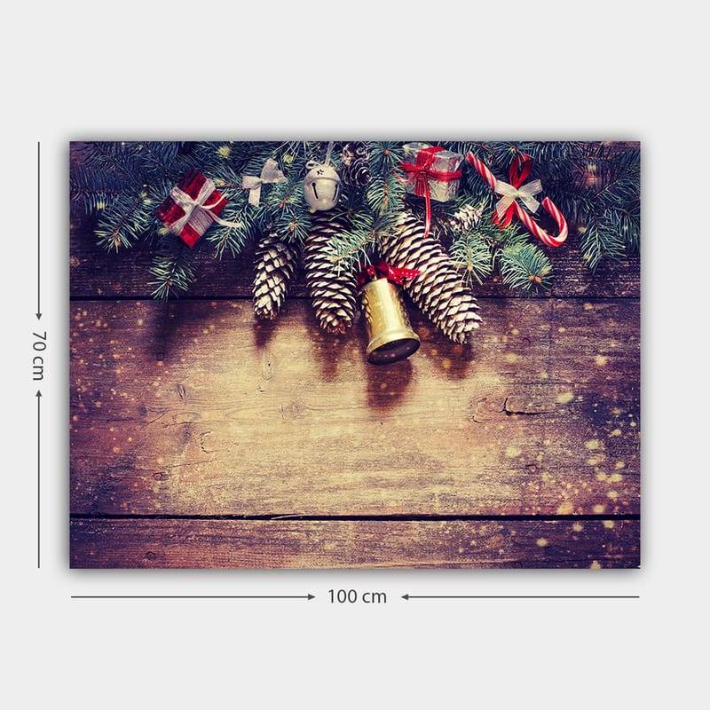 Lærred 70x100 cm - Juledekoration med grangrene, kogler og gaver - Grøn / Brun / Rød - Boligtilbehør - Billeder & kunst - Billeder på lærred