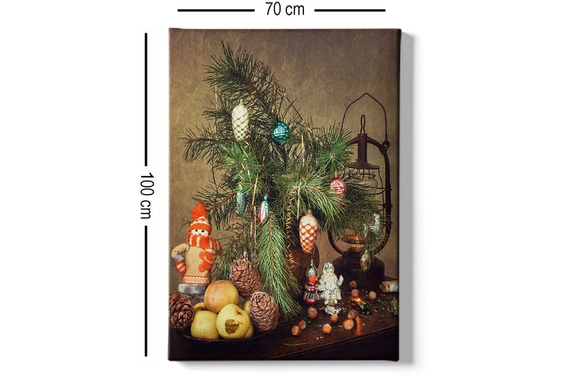 Lærred 70x100 cm - Juledekoration med grantræ, pynt og frugter - Grøn / Rød / Beige - Boligtilbehør - Billeder & kunst - Billeder på lærred
