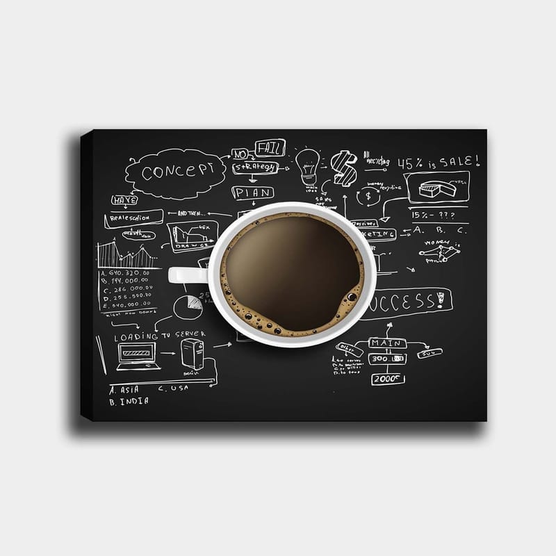 Lærred 70x100 cm - Kaffekop med sort kaffe omgivet af håndskrevne noter og diagrammer, der symboliserer forretningsstrategi og kreativitet, Sort / Brun / Hvid