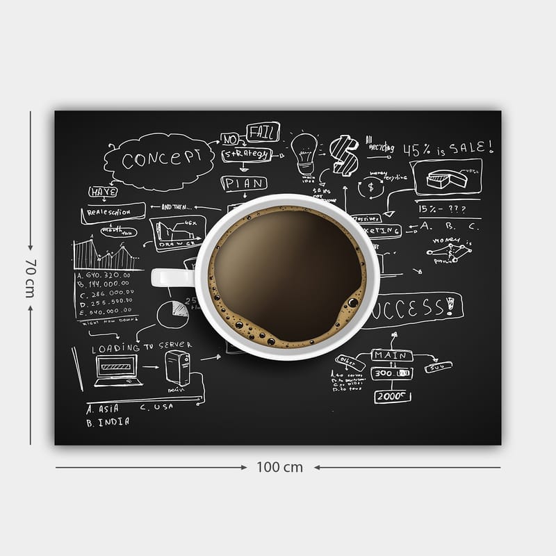 Lærred 70x100 cm - Kaffekop med sort kaffe omgivet af håndskrevne noter og diagrammer, der symboliserer forretningsstrategi og kreativitet - Sort / Brun / Hvid - Boligtilbehør - Billeder & kunst - Billeder på lærred