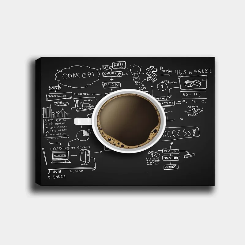 Lærred 70x100 cm - Kaffekop med sort kaffe omgivet af håndskrevne noter og diagrammer, der symboliserer forretningsstrategi og kreativitet, Sort / Brun / Hvid