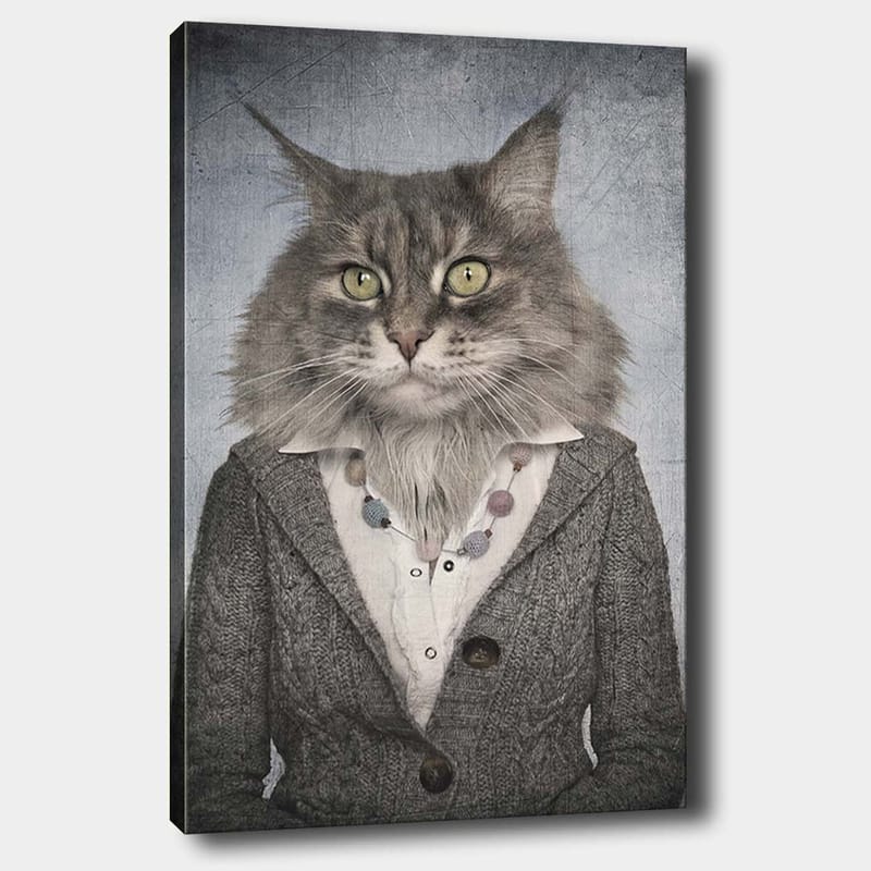 Lærred 70x100 cm - Kat med menneskelige træk iført grå jakke og hvid skjorte - Grå / Hvid / Beige - Boligtilbehør - Billeder & kunst - Billeder på lærred