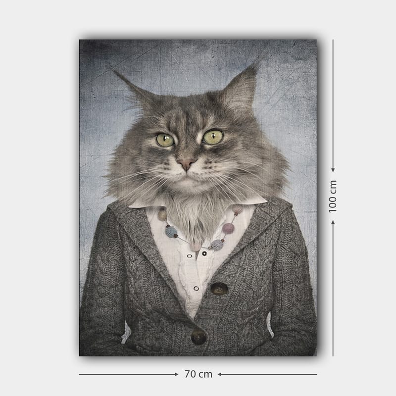 Lærred 70x100 cm - Kat med menneskelige træk iført grå jakke og hvid skjorte - Grå / Hvid / Beige - Boligtilbehør - Billeder & kunst - Billeder på lærred