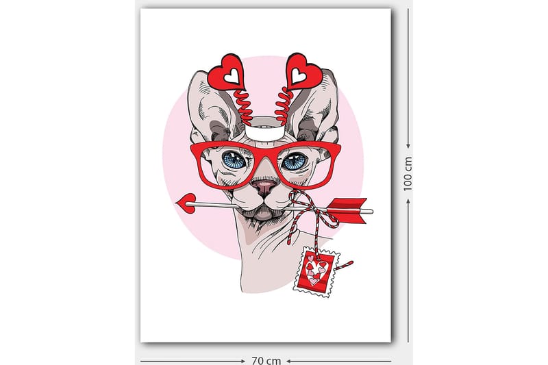 Lærred 70x100 cm - Kat med store briller og hjerteformede detaljer, der holder en pil i munden - Rød / Lyserød / Grå - Boligtilbehør - Billeder & kunst - Billeder på lærred