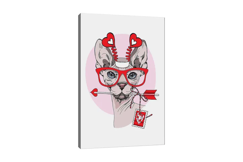 Lærred 70x100 cm - Kat med store briller og hjerteformede detaljer, der holder en pil i munden, Rød / Lyserød / Grå