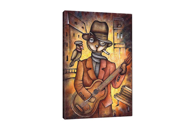 Lærred 70x100 cm - Katteklædt musiker spiller guitar med en fugl på skulderen i et bymiljø - Brun / Orange / Beige - Boligtilbehør - Billeder & kunst - Billeder på lærred