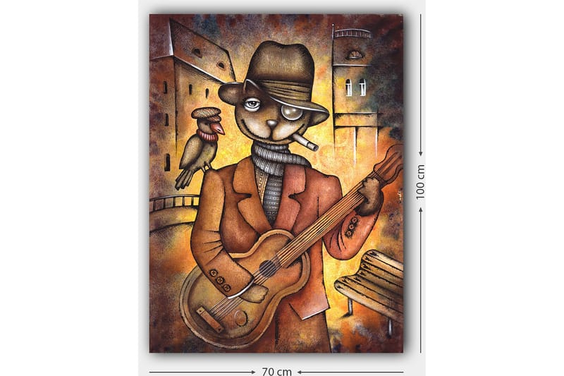 Lærred 70x100 cm - Katteklædt musiker spiller guitar med en fugl på skulderen i et bymiljø - Brun / Orange / Beige - Boligtilbehør - Billeder & kunst - Billeder på lærred