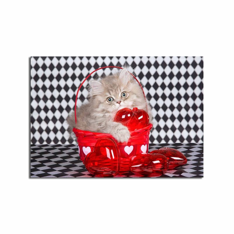 Lærred 70x100 cm - Killing sidder i en rød kurv fyldt med hjerteformede dekorationer, Rød / Grå