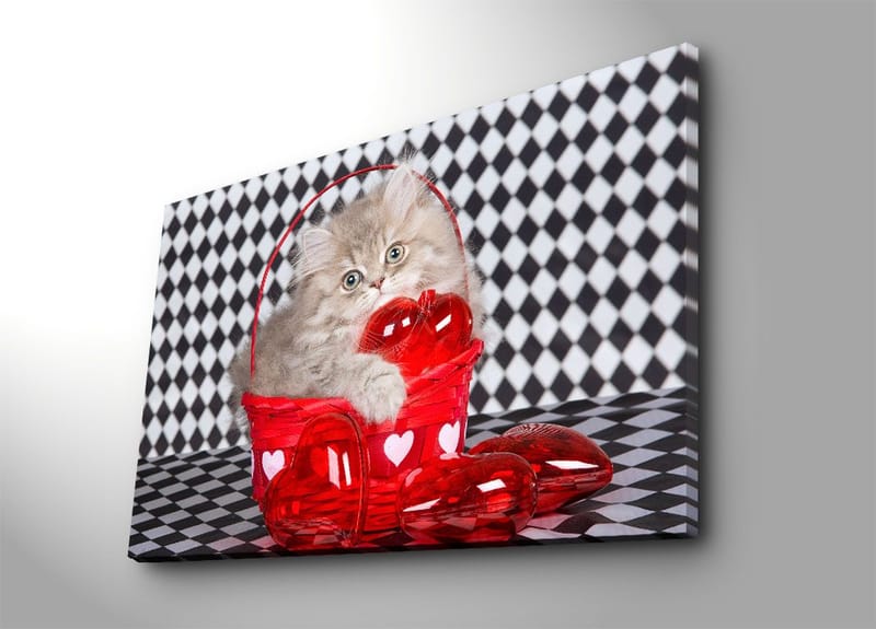 Lærred 70x100 cm - Killing sidder i en rød kurv fyldt med hjerteformede dekorationer - Rød / Grå - Boligtilbehør - Billeder & kunst - Billeder på lærred
