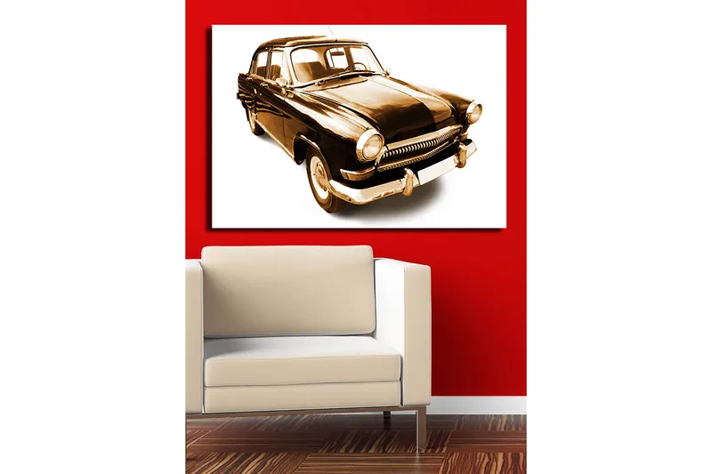 Lærred 70x100 cm - Klassisk bil i sorte og guldtoner, Sort / Guld