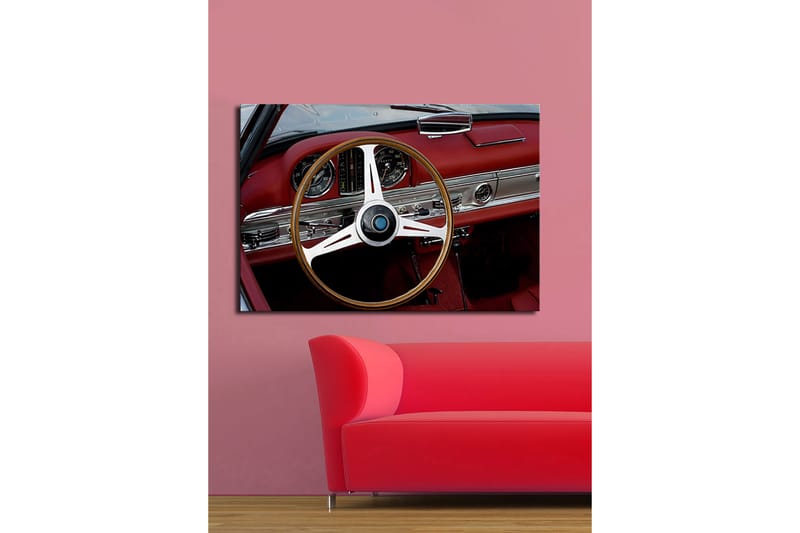 Lærred 70x100 cm - Klassisk bilinteriør med fokus på rat og instrumentbræt - Rød / Sølv / Sort - Boligtilbehør - Billeder & kunst - Billeder på lærred