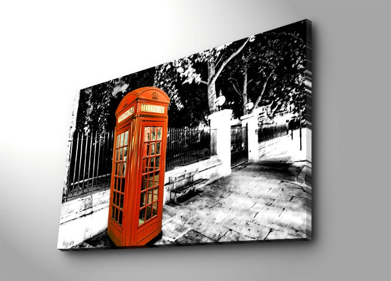 Lærred 70x100 cm - Klassisk rød telefonboks i et sort-hvidt bybillede, Rød / Sort / Hvid