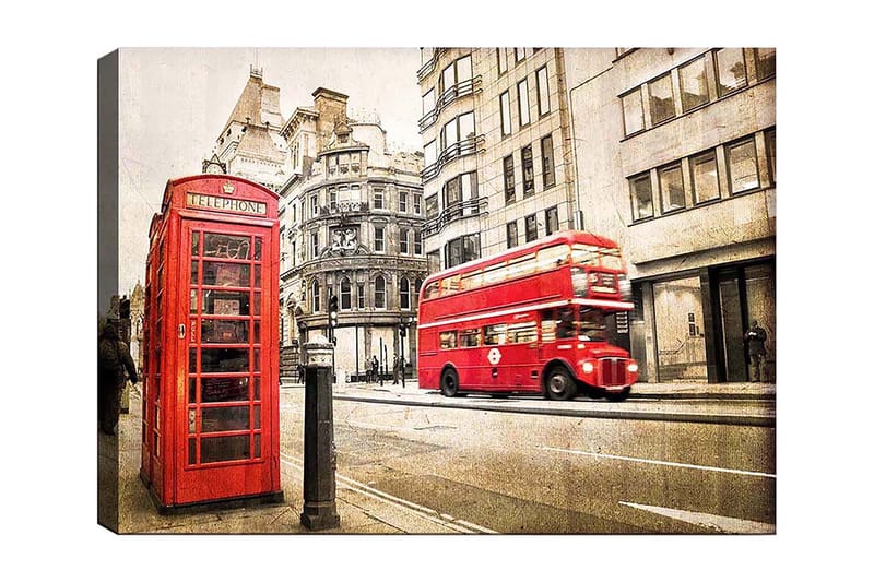 Lærred 70x100 cm - Klassisk rød telefonboks og en rød dobbeltdækkerbus på en gade i byen, Rød / Grå