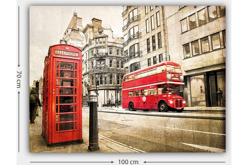 Lærred 70x100 cm - Klassisk rød telefonboks og en rød dobbeltdækkerbus på en gade i byen - Rød / Grå - Boligtilbehør - Billeder & kunst - Billeder på lærred