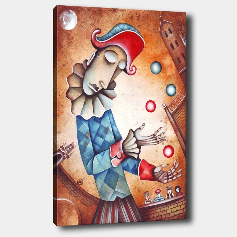 Lærred 70x100 cm - Klovn jonglerer med farverige bolde, Blå / Rød / Beige