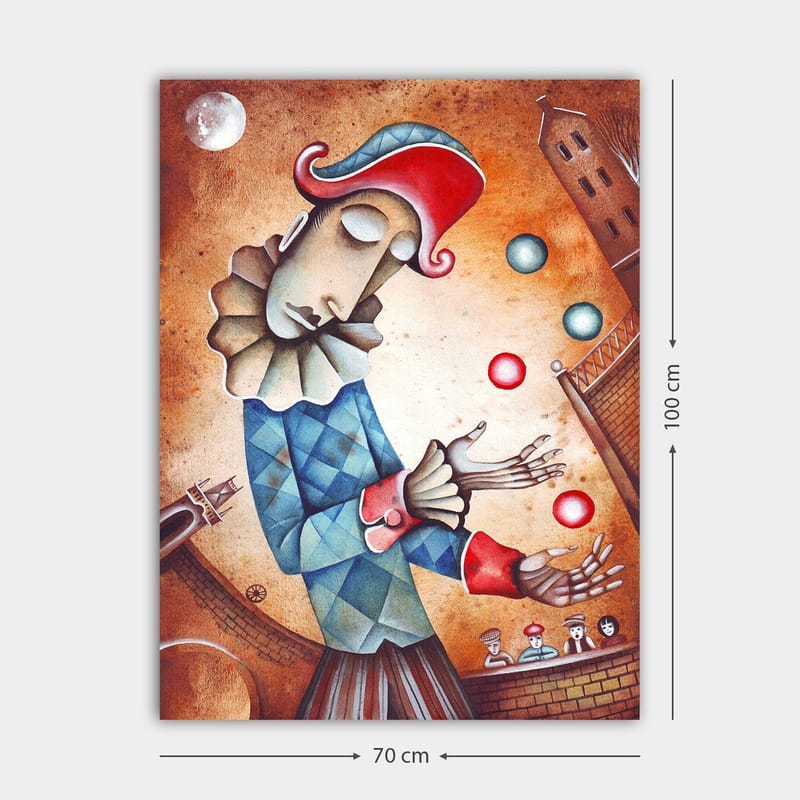 Lærred 70x100 cm - Klovn jonglerer med farverige bolde - Blå / Rød / Beige - Boligtilbehør - Billeder & kunst - Billeder på lærred