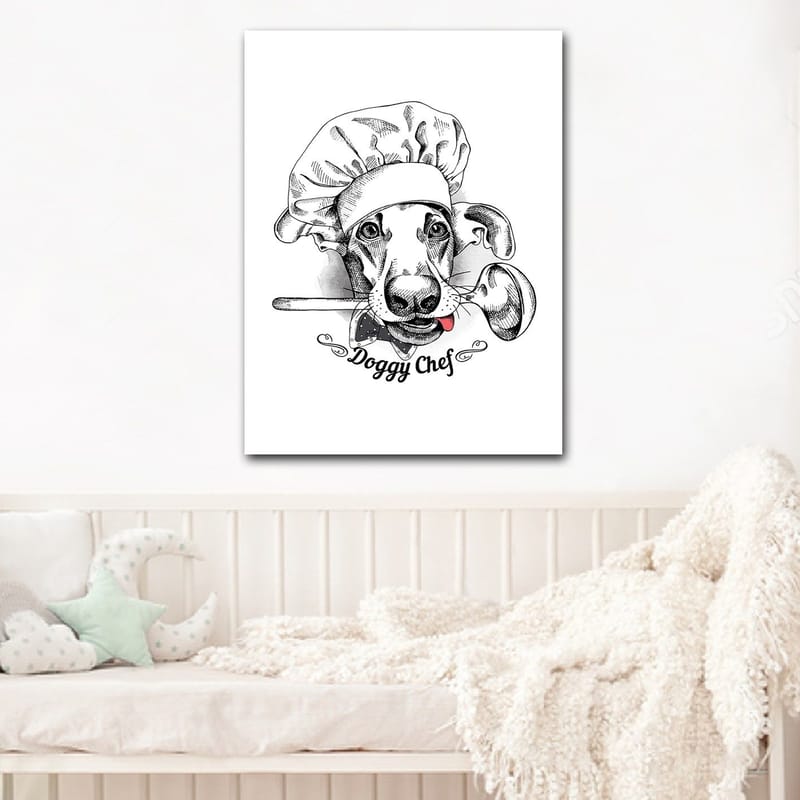 Lærred 70x100 cm - Kok klædt ud som en hund med en ske i munden, Sort / Hvid / Grå
