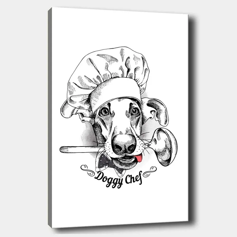 Lærred 70x100 cm - Kok klædt ud som en hund med en ske i munden - Sort / Hvid / Grå - Boligtilbehør - Billeder & kunst - Billeder på lærred