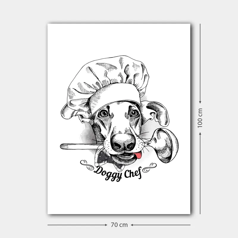 Lærred 70x100 cm - Kok klædt ud som en hund med en ske i munden - Sort / Hvid / Grå - Boligtilbehør - Billeder & kunst - Billeder på lærred