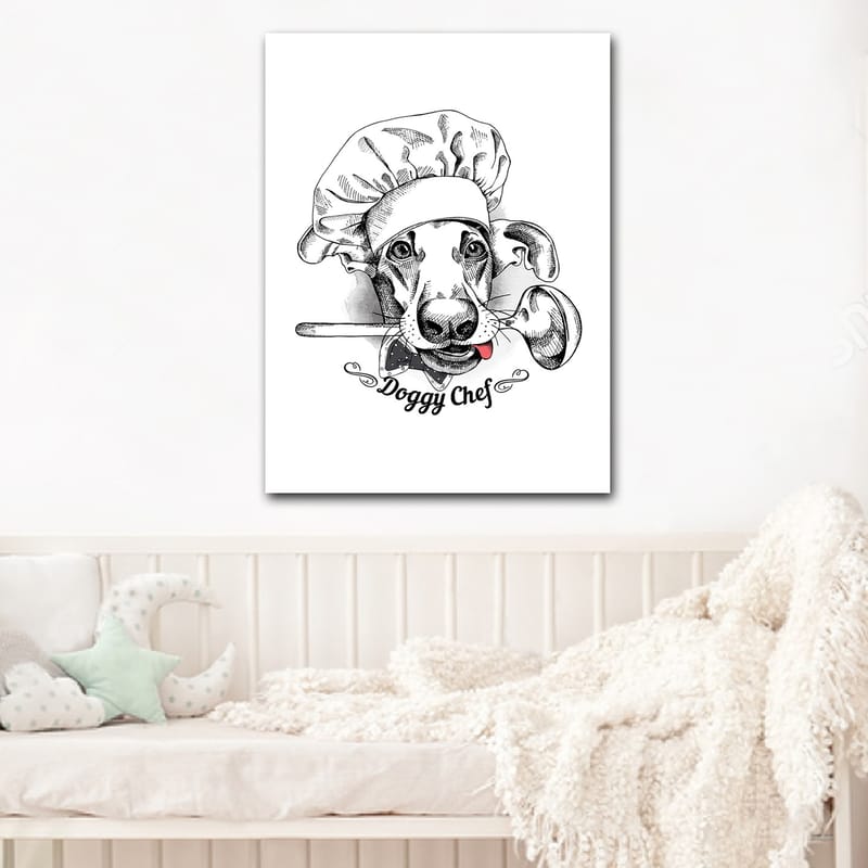 Lærred 70x100 cm - Kok klædt ud som en hund med en ske i munden, Sort / Hvid / Grå