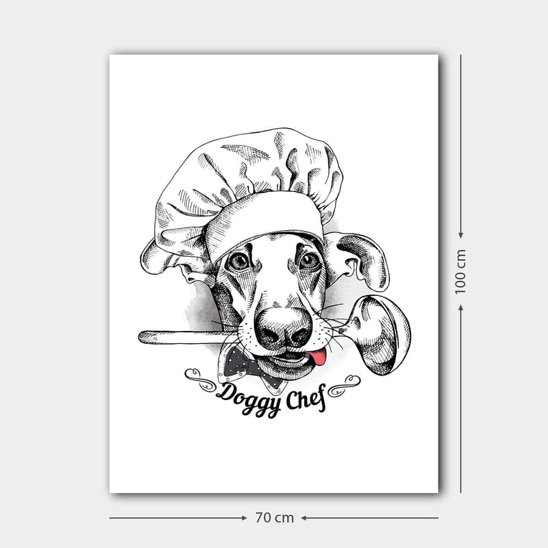 Lærred 70x100 cm - Kok klædt ud som en hund med en ske i munden - Sort / Hvid / Grå - Boligtilbehør - Billeder & kunst - Billeder på lærred