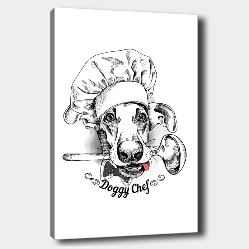 Lærred 70x100 cm - Kok klædt ud som en hund med en ske i munden - Sort / Hvid / Grå - Boligtilbehør - Billeder & kunst - Billeder på lærred