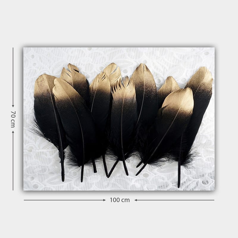 Lærred 70x100 cm - Kollektion af elegante fjer i sort og guld - Sort / Guld - Boligtilbehør - Billeder & kunst - Billeder på lærred