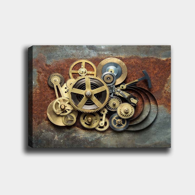 Lærred 70x100 cm - Kompleks sammensætning af tandhjul og mekaniske dele i industriel stil, Guld / Brun / Sort