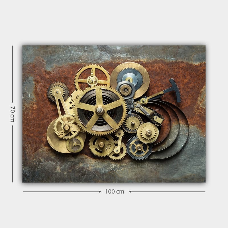Lærred 70x100 cm - Kompleks sammensætning af tandhjul og mekaniske dele i industriel stil - Guld / Brun / Sort - Boligtilbehør - Billeder & kunst - Billeder på lærred