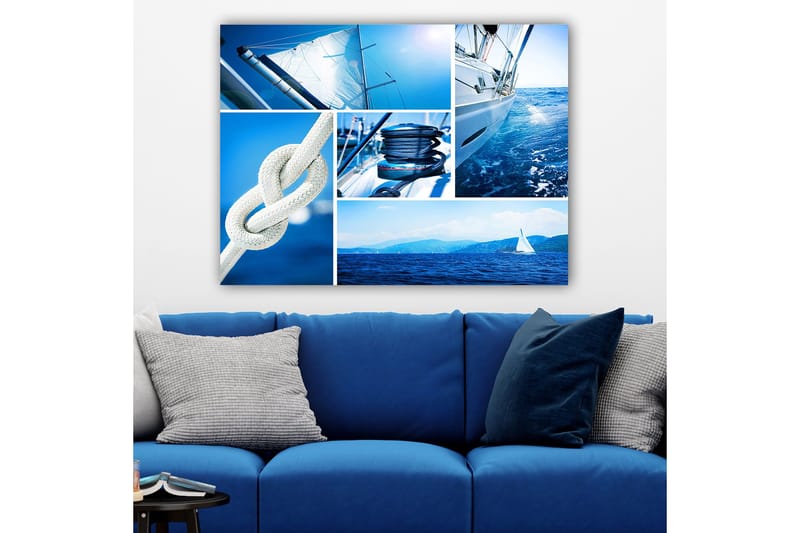 Lærred 70x100 cm - Komposition af maritime motiver med sejlbåde og reb i forskellige blå nuancer, Blå / Hvid