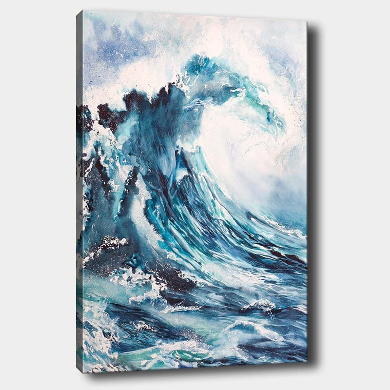 Lærred 70x100 cm - Kraftfuld bølge der bryder på kysten, Mørkeblå / Turkis / Hvid