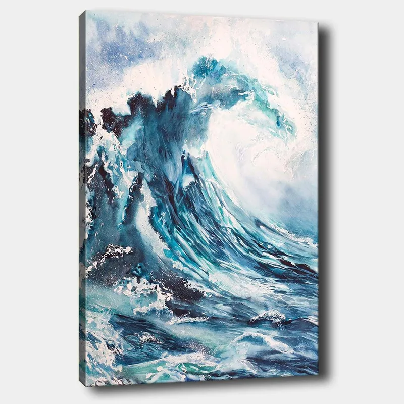 Lærred 70x100 cm - Kraftfuld bølge der bryder på kysten, Mørkeblå / Turkis / Hvid