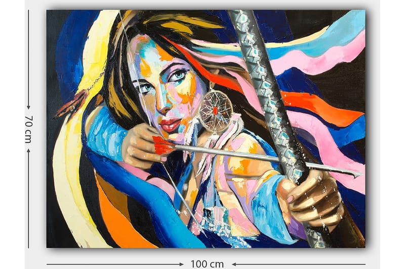 Lærred 70x100 cm - Kraftfuld kvinde der spænder en sløjfe, omgivet af farverige bånd - Blå / Rød / Gul - Boligtilbehør - Billeder & kunst - Billeder på lærred