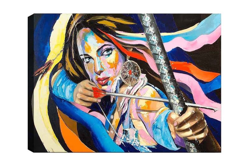 Lærred 70x100 cm - Kraftfuld kvinde der spænder en sløjfe, omgivet af farverige bånd, Blå / Rød / Gul