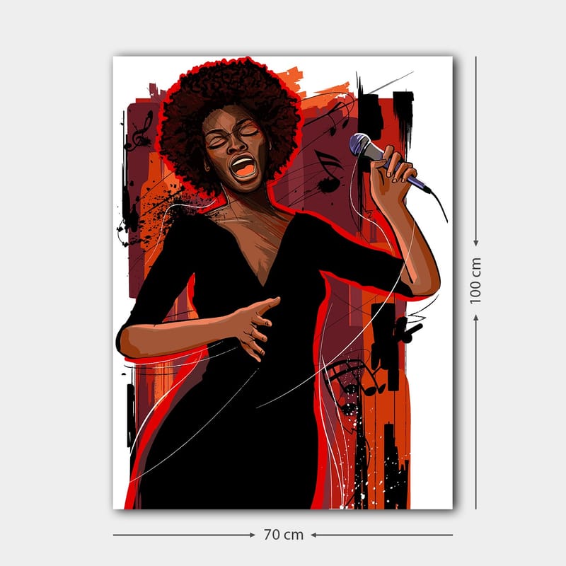 Lærred 70x100 cm - Kraftfuld sangerinde, der udtrykker følelser gennem sin musik - Rød / Sort / Brun - Boligtilbehør - Billeder & kunst - Billeder på lærred