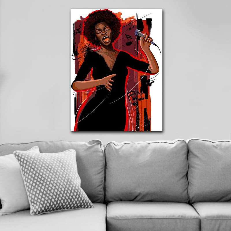 Lærred 70x100 cm - Kraftfuld sangerinde, der udtrykker følelser gennem sin musik - Rød / Sort / Brun - Boligtilbehør - Billeder & kunst - Billeder på lærred