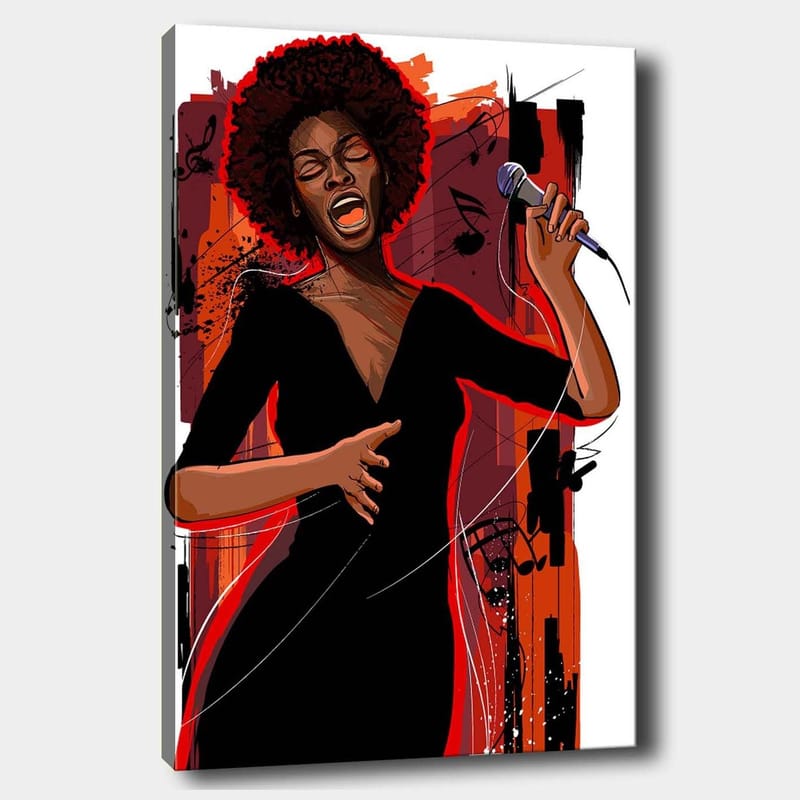 Lærred 70x100 cm - Kraftfuld sangerinde, der udtrykker følelser gennem sin musik, Rød / Sort / Brun