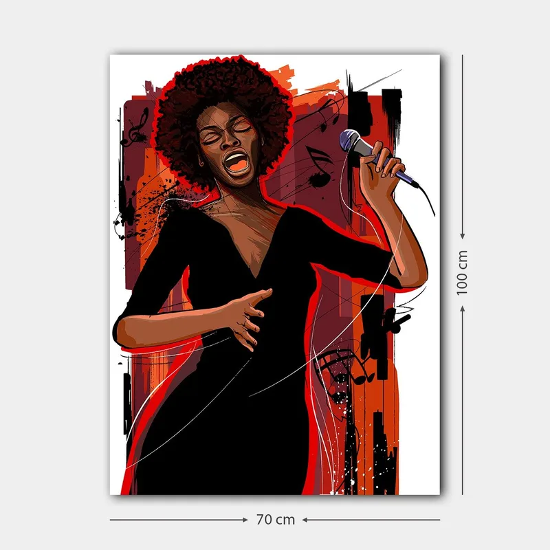 Lærred 70x100 cm - Kraftfuld sangerinde, der udtrykker følelser gennem sin musik - Rød / Sort / Brun - Boligtilbehør - Billeder & kunst - Billeder på lærred