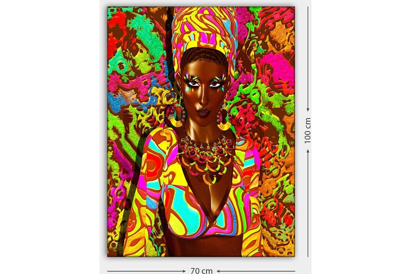 Lærred 70x100 cm - Kraftig kvinde i farverigt tøj med et udtryksfuldt ansigt og smykker - Grøn / Lyserød / Orange - Boligtilbehør - Billeder & kunst - Billeder på lærred