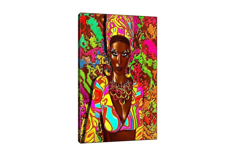 Lærred 70x100 cm - Kraftig kvinde i farverigt tøj med et udtryksfuldt ansigt og smykker, Grøn / Lyserød / Orange