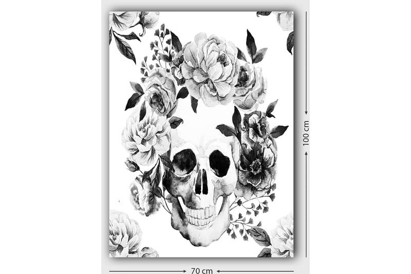Lærred 70x100 cm - Kranie omgivet af smukke blomster i sort-hvid - Sort / Hvid / Grå - Boligtilbehør - Billeder & kunst - Billeder på lærred