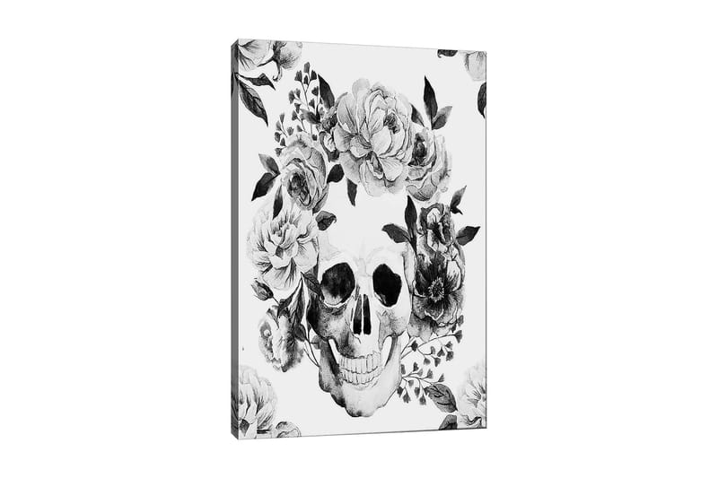 Lærred 70x100 cm - Kranie omgivet af smukke blomster i sort-hvid, Sort / Hvid / Grå