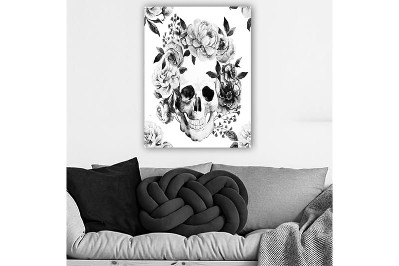 Lærred 70x100 cm - Kranie omgivet af smukke blomster i sort-hvid - Sort / Hvid / Grå - Boligtilbehør - Billeder & kunst - Billeder på lærred